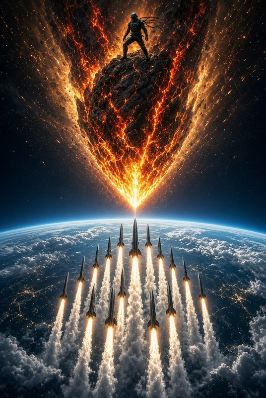 Armored space warrior stands atop a flaming incoming meteor as a rocket fleet launches from Earth...
