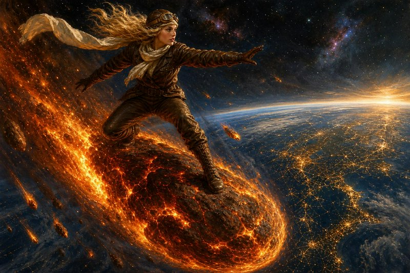 Steampunk female aviator surfs on a flaming meteor high above planet Earth beneath a starry outer...