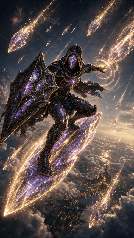 Hooded astral fantasy knight in glowing starry armor rides a crystal shard above clouds, casting ...