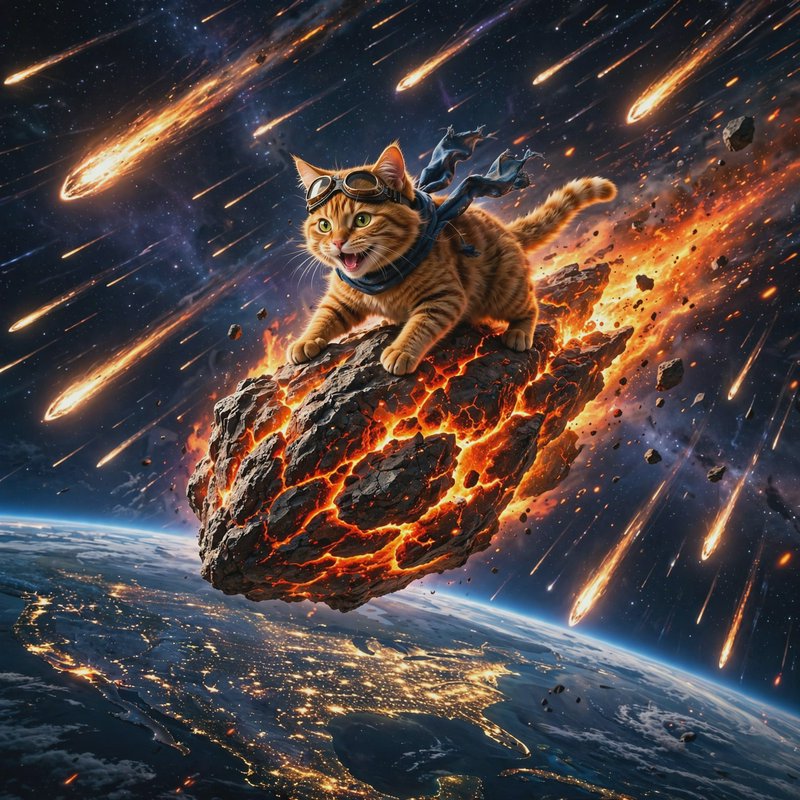 Cheerful ginger tabby cat in aviator goggles rides a fiery glowing meteor through space above Ear...