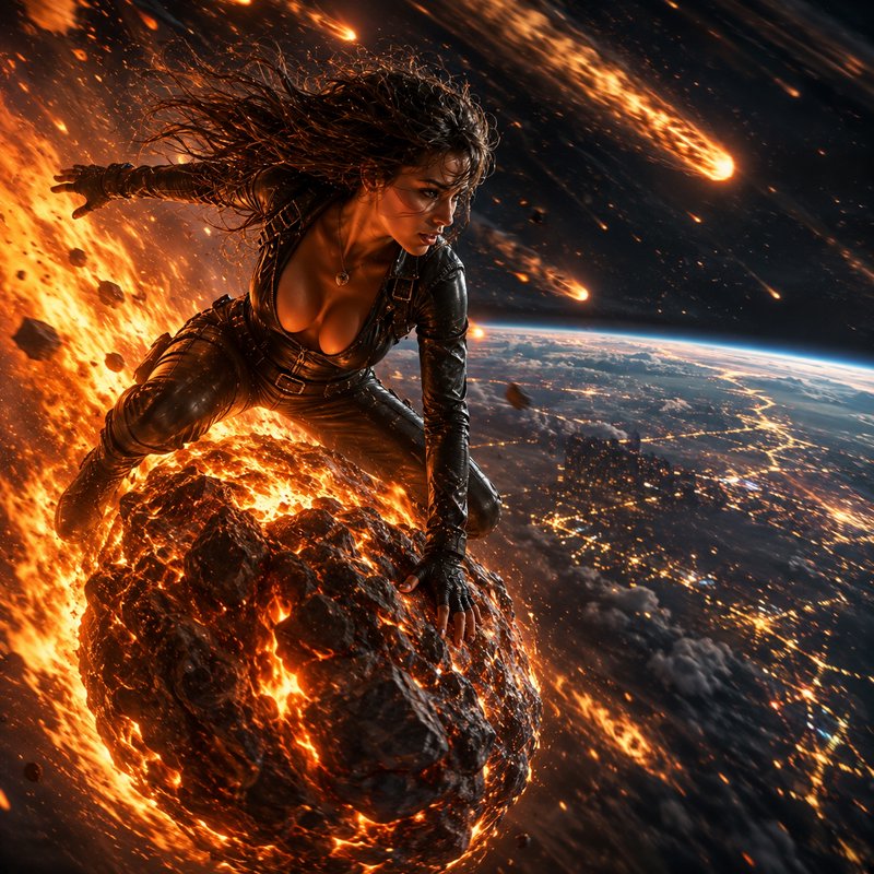 Fierce female sci-fi warrior crouches on a flaming meteor streaking through space above planet Ea...