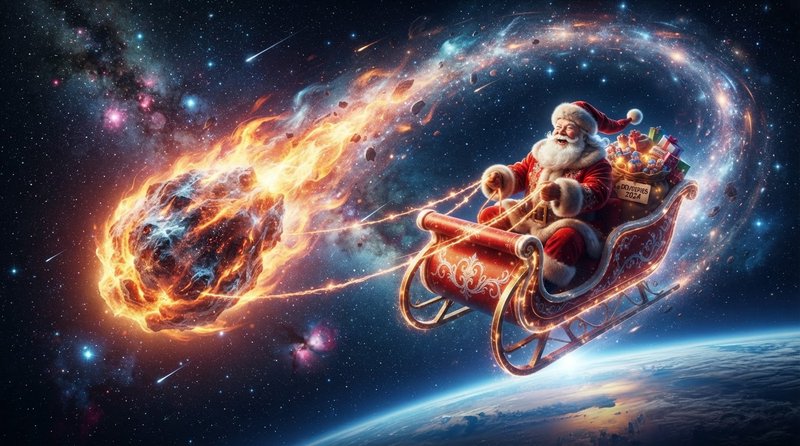 Santa Claus rides an ornate gift-filled sleigh pulled by a fiery comet through starry outer space...