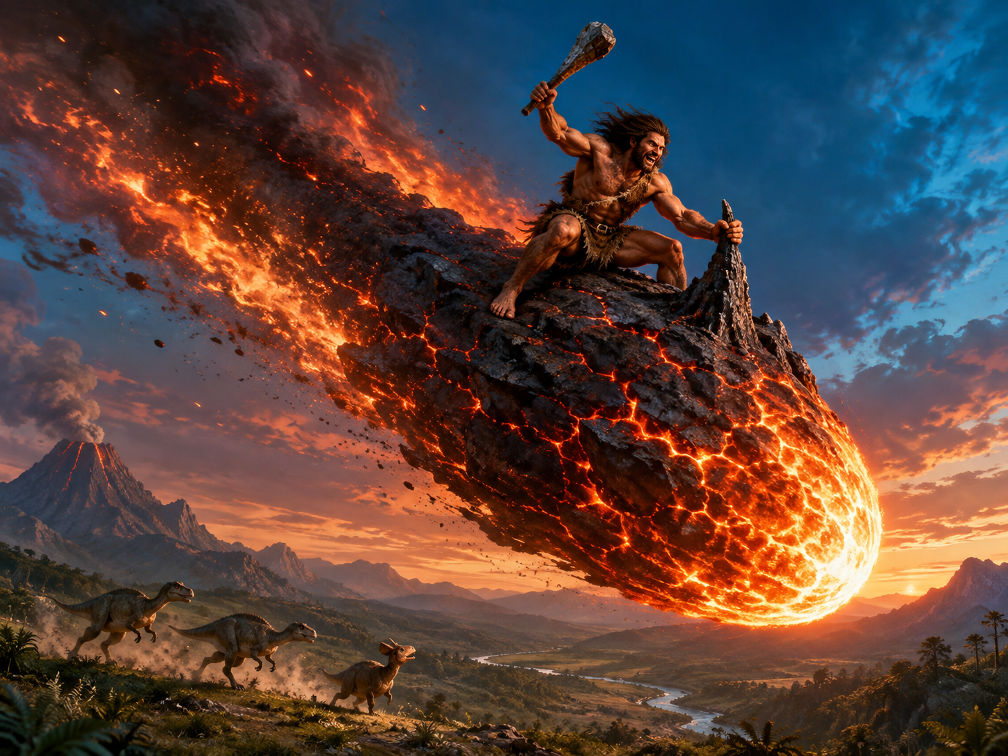 [Fierce fur-clad caveman wields a stone club while riding a glowing flaming meteor above fleeing prehistoric dinosaurs at ...