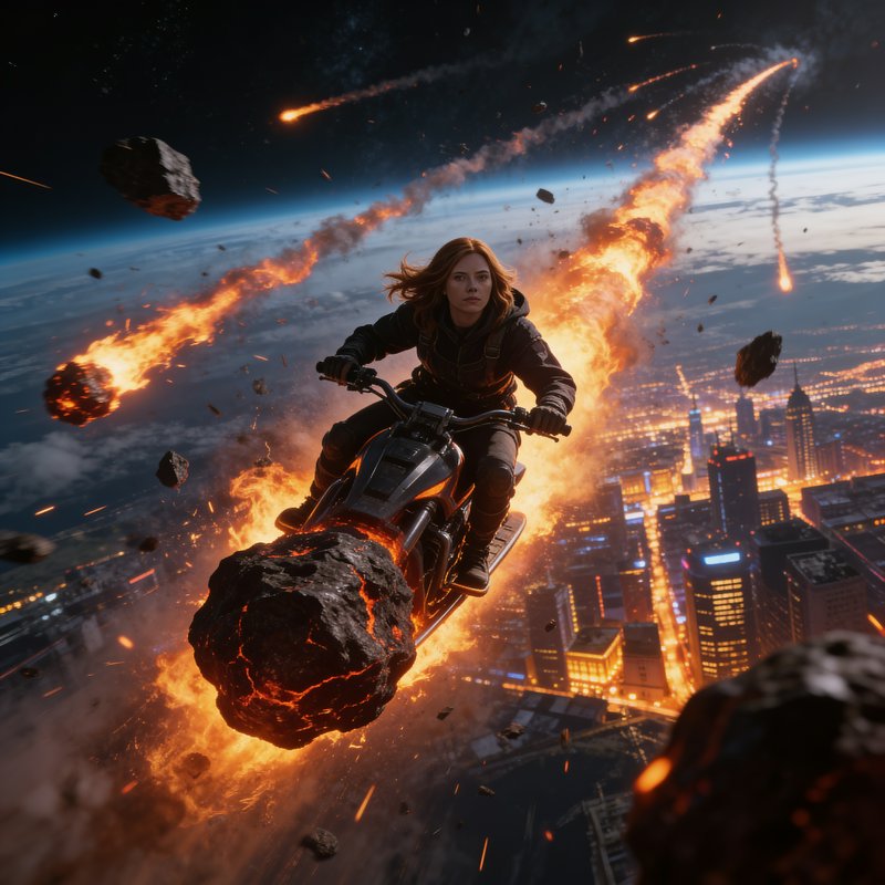 [Woman riding a futuristic flying motorcycle above a night city as flaming meteors streak through low Earth orbit]