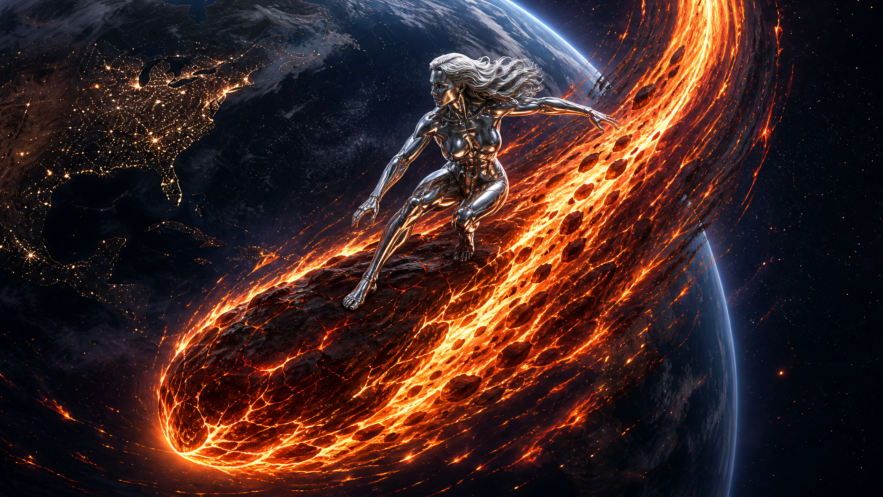Polished silver female humanoid surfs on a flaming glowing meteor passing above planet Earth in deep space