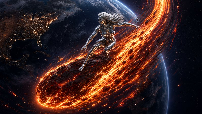 Polished silver female humanoid surfs on a flaming glowing meteor passing above planet Earth in d...