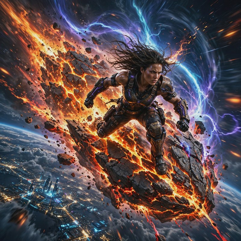 Fierce armored female sci-fi warrior leaps from a lava-covered exploding meteor above a glowing f...
