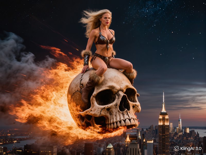 Fierce blonde fantasy warrior sits atop a giant flaming skull flying over the New York City skyli...