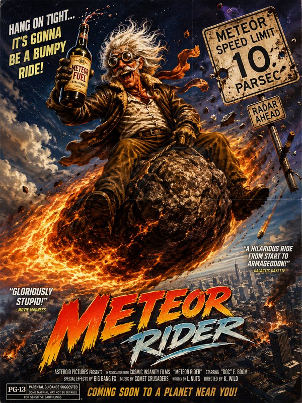 Parody "Meteor Rider" movie poster showing a wild goggled scientist riding a flaming meteor holdi...