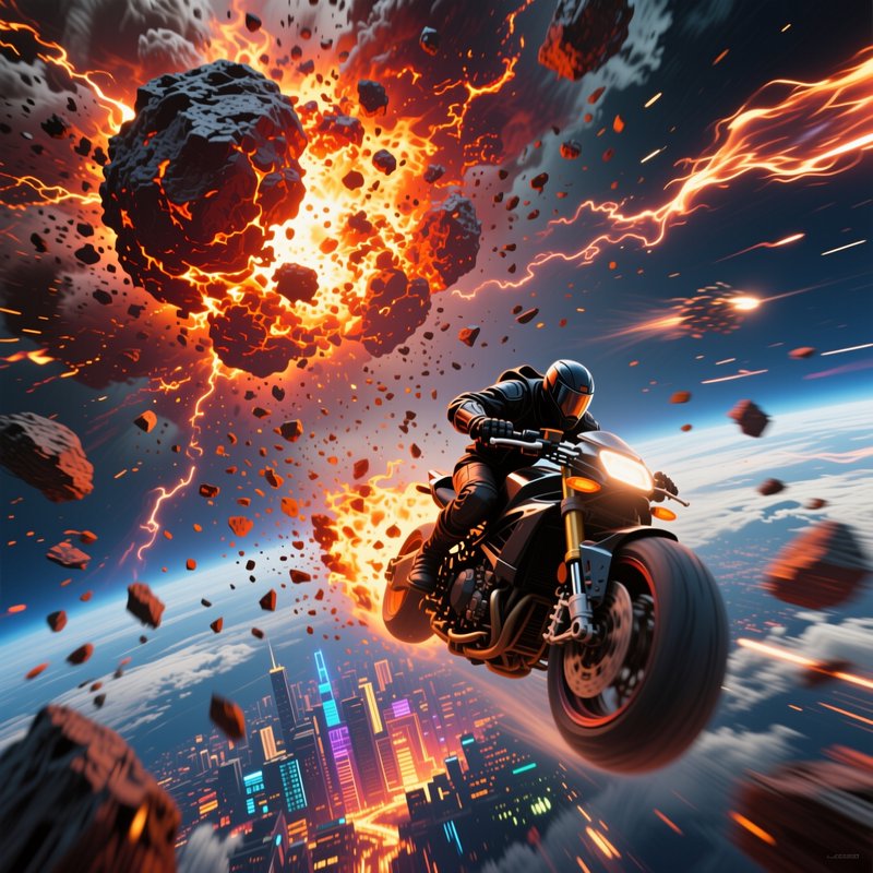 [Helmeted futuristic motorcyclist rides an airborne sportbike past exploding meteors above a neon cyberpunk city in orbit]