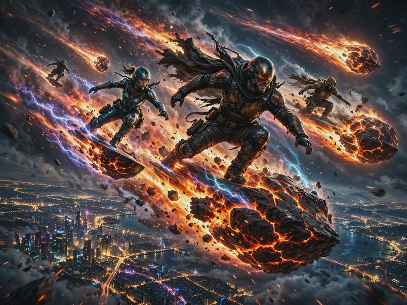 Armored futuristic heroes ride flaming lava meteors over a glowing night city during a chaotic, l...