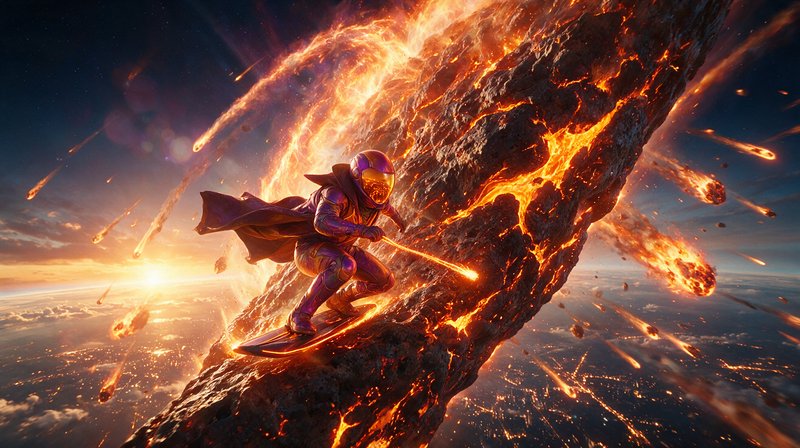 Caped purple armored astronaut surfs on a flaming lava meteor above Earth during an active meteor...