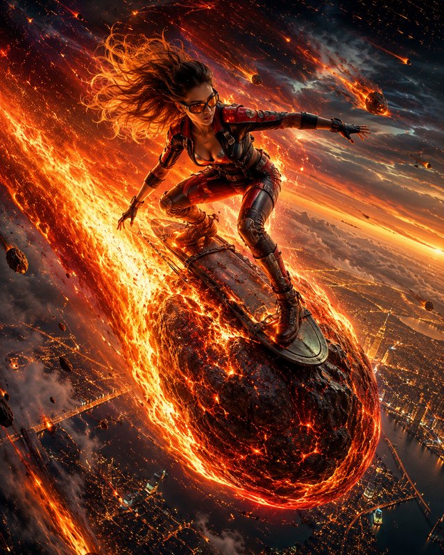 [Futuristic woman balances on a board atop a flaming molten meteor streaking high above a glowing city during a meteor sho...