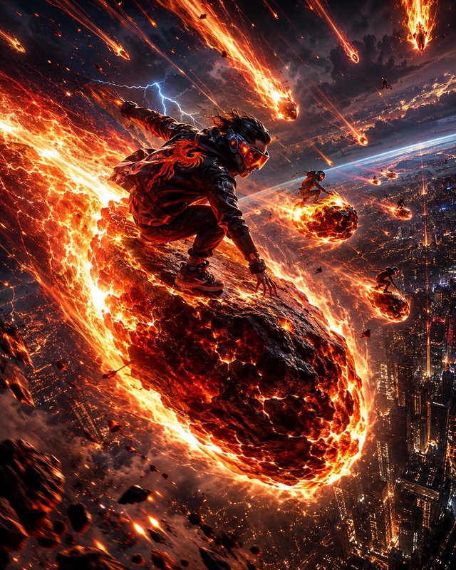 Futuristic riders surf burning falling meteors above a glowing cyberpunk city during a fiery meteor storm