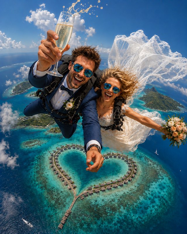 Joyful newlywed bride and groom skydive in wedding attire, toasting with champagne above a heart-...