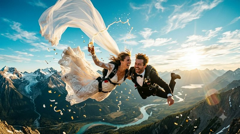 Laughing bride and groom freefall skydiving in wedding attire over alpine mountains at golden hou...