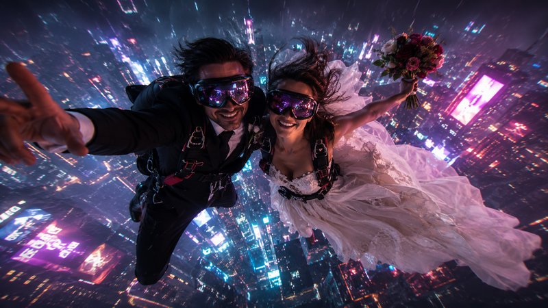 Happy newlywed couple skydiving in wedding attire above a glowing neon cyberpunk city at night
