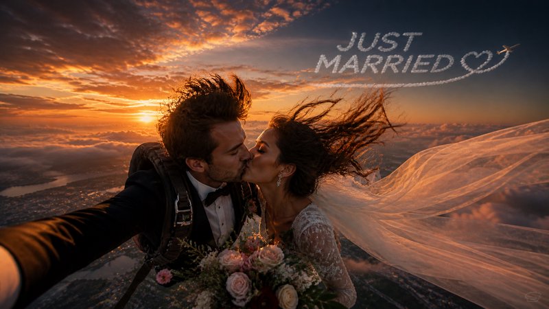 Newlywed couple kissing mid-skydive at golden sunset, with "Just Married" sky writing above the c...