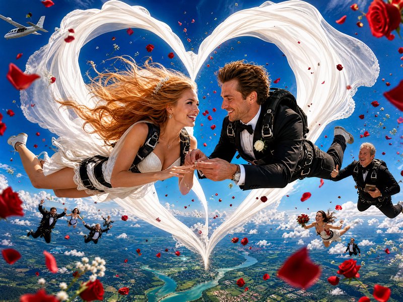 Bride and groom exchange wedding rings mid-skydive, veil forming a heart, surrounded by guests an...
