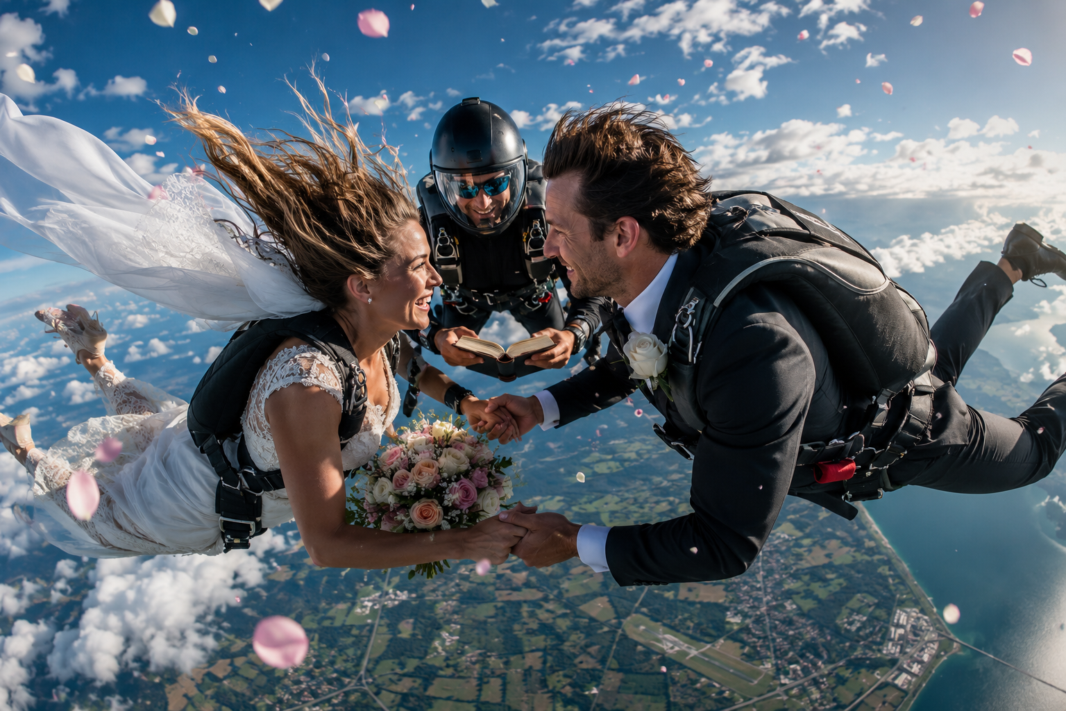 Bride, groom, and officiant exchange vows mid-free fall during a skydiving wedding, floating above clouds with falling ros...