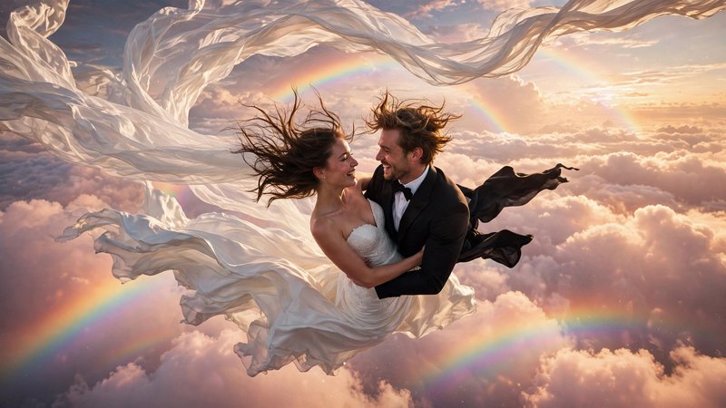 Smiling newlywed couple embraces while floating high above fluffy sunset clouds, rainbows arch ar...