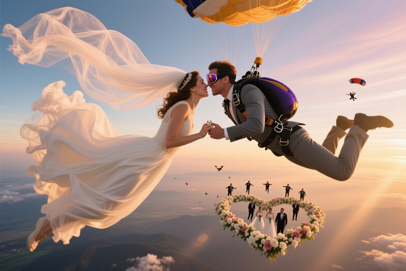 Bride in flowing wedding dress and groom skydive mid-air exchanging rings above clouds during gol...