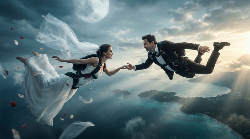 Bride and groom in wedding attire skydive reaching for each other above a tropical ocean beneath ...
