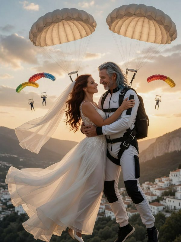 Bride and groom embrace while parachuting together over a hillside town during warm golden sunset