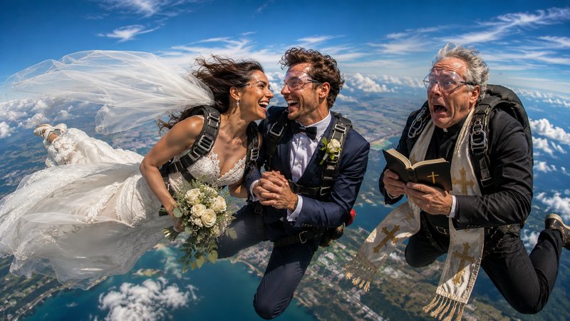 Laughing bride, groom, and surprised priest freefall mid-air during a skydive wedding ceremony hi...