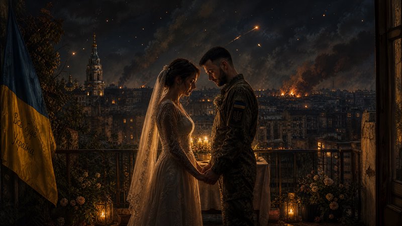 Bride and Ukrainian soldier groom hold hands on a candlelit balcony, overlooking a war-torn burni...