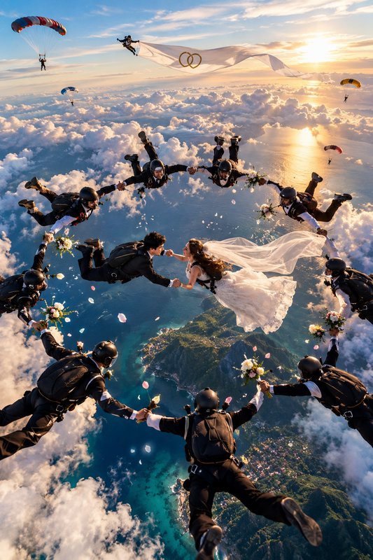 Bride and groom hold hands mid-skydive, circled by their wedding party, above clouds at golden su...