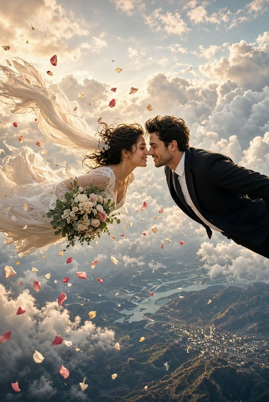 Surreal fantasy wedding scene of bride and groom floating face-to-face above clouds with falling ...