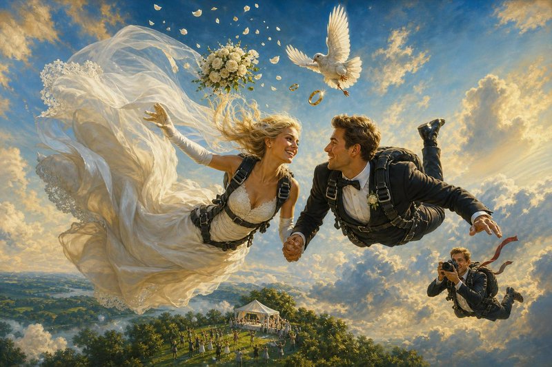 Surreal painting of bride and groom skydiving in wedding attire, holding hands mid-air above thei...