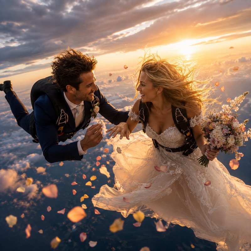 Groom proposes to bride in wedding attire while skydiving above clouds, with falling rose petals ...