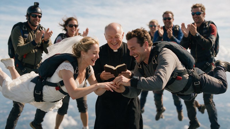 Bride and groom exchange rings mid-skydive during a whimsical airborne wedding ceremony officiate...