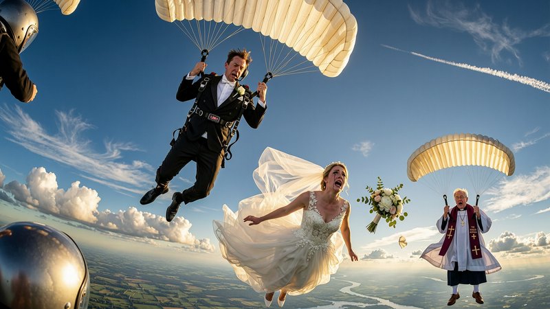 Terrified bride, groom, and priest parachute mid-air during a chaotic skydiving wedding above clo...