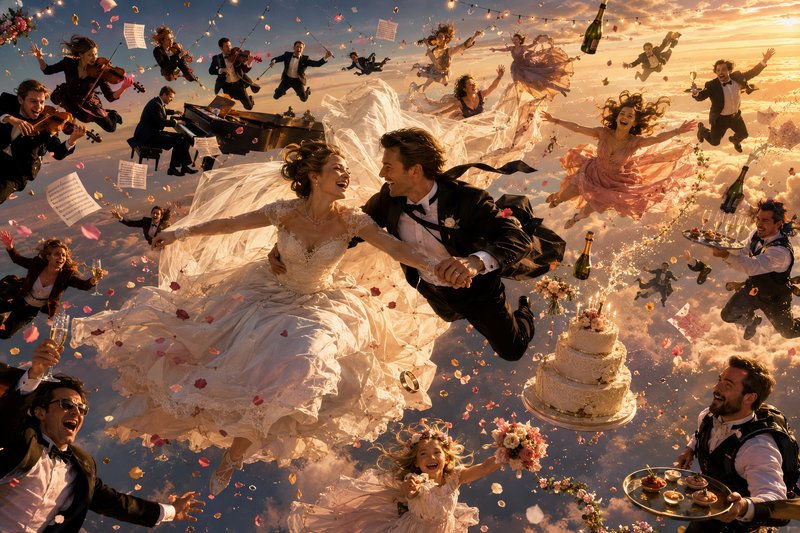 Surreal floating wedding couple celebrates mid-air with guests, musicians, and decor above clouds...