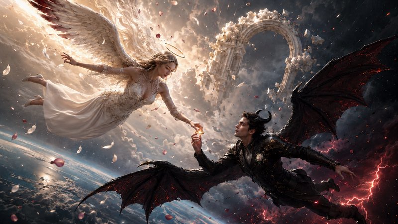 Winged haloed angel and horned bat-winged demon reach to exchange a glowing token, floating betwe...