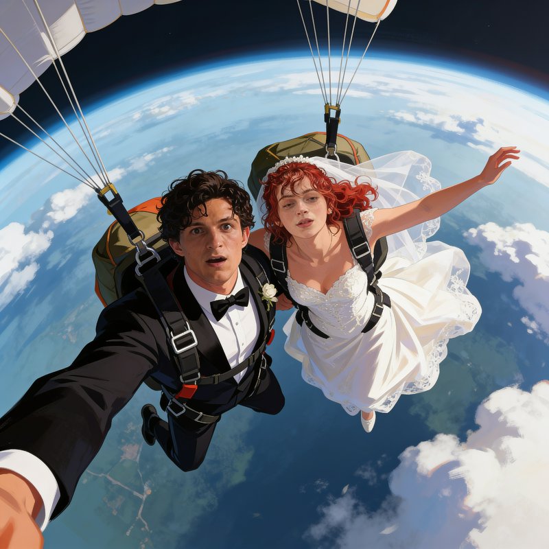 Bride and groom in wedding attire skydive with deployed parachutes high above the curved surface ...
