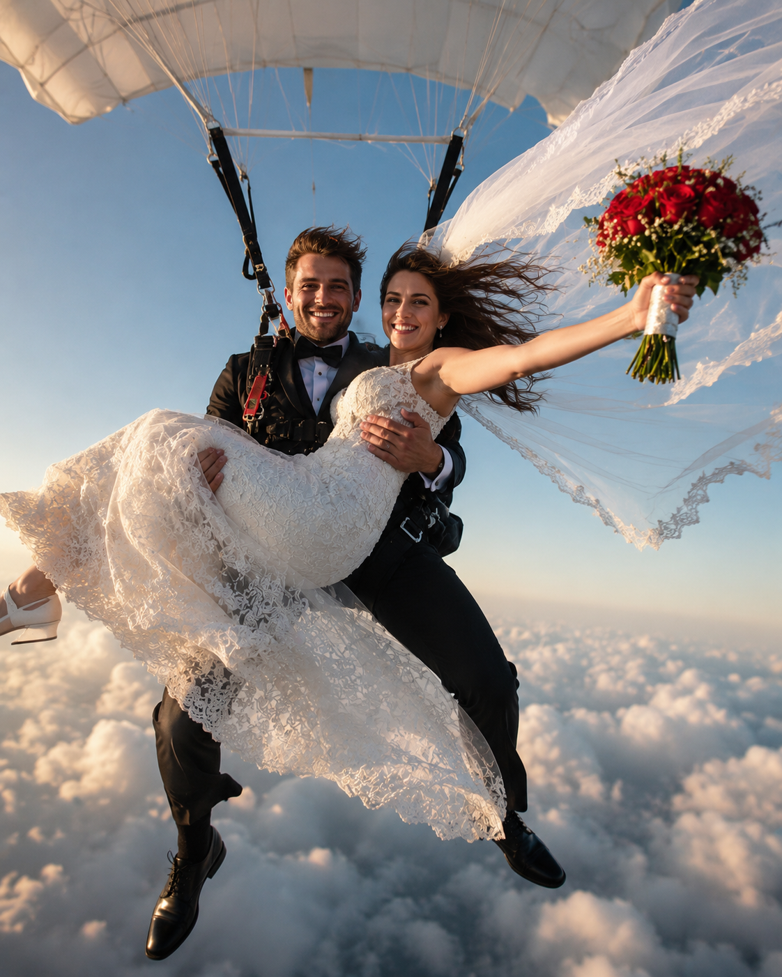 Joyful bride and groom in wedding attire tandem parachuting above fluffy clouds, bride holding a red rose bouquet while sm...