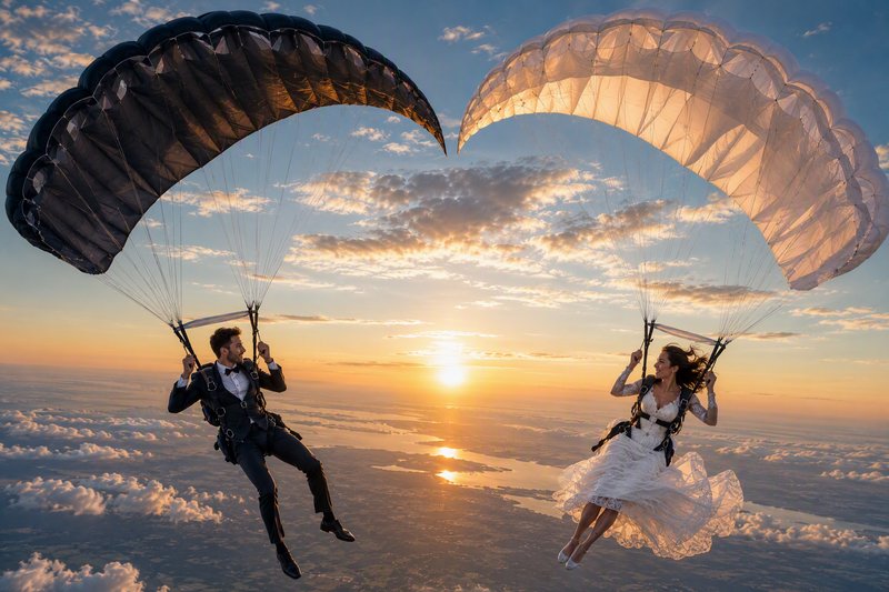 Bride and groom in wedding attire glide with heart-forming parachutes above clouds at golden sunset.