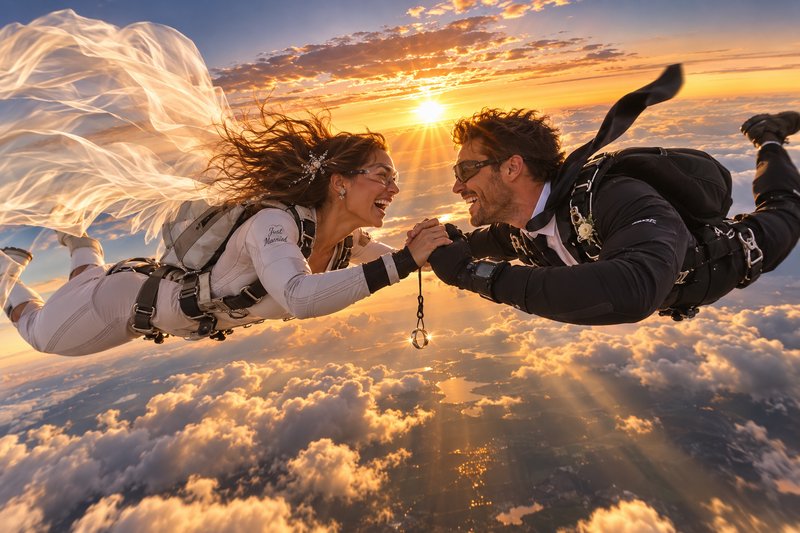 Joyful newlywed couple freefall hand-in-hand mid-skydive above clouds during a warm golden sunset...