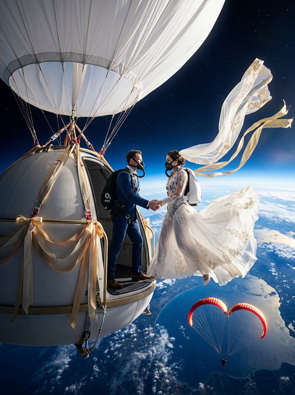 Bride and groom wearing oxygen masks hold hands at a high-altitude balloon capsule edge, above Ea...