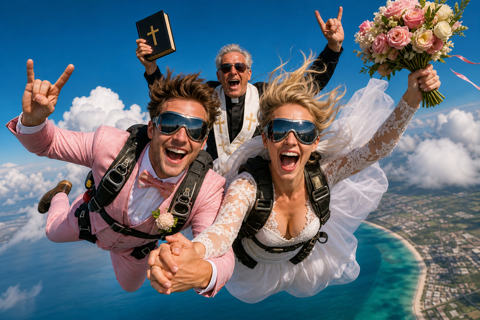 Bride, groom, and priest freefall skydiving during an unconventional wedding above a tropical coastal landscape