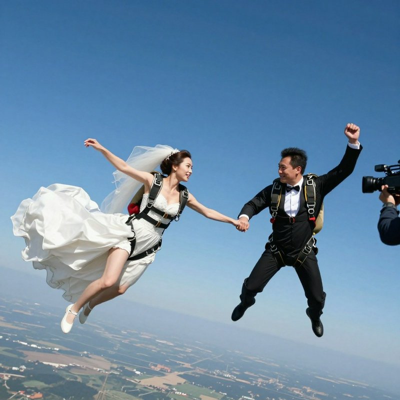 Bride and groom in wedding attire hold hands while freefalling mid-skydive, filmed under a clear ...