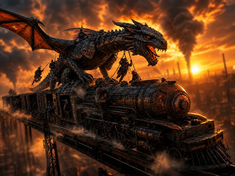 Armored steampunk mechanical dragon perches on a vintage steam train with soldiers during a fiery...