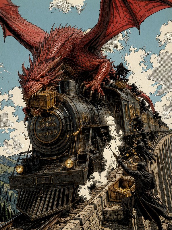 Giant red winged dragon perches on a vintage Orient Express steam train during a fantasy train he...