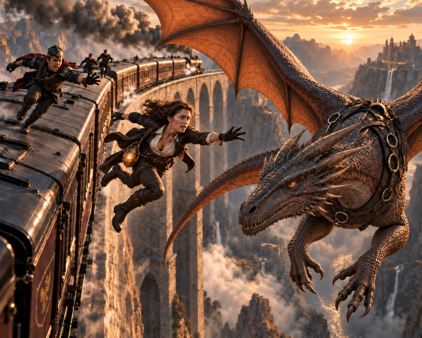 Daring female adventurer leaps from a steam train to a large armored dragon, as soldiers chase her on a mountain viaduct a...