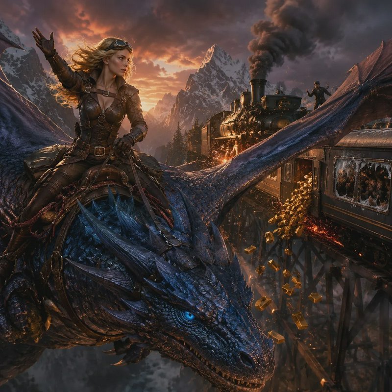 Steampunk female adventurer riding a blue dragon beside a derailed steam train spilling gold over...