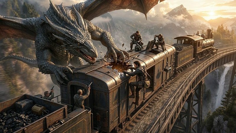 Massive spiked grey dragon attacks a steam train on a mountain railway bridge, as armed adventure...